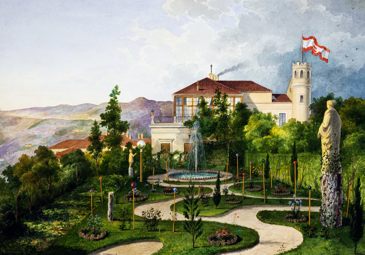 Zewnętrzna część z ogrodem, na południowy zachód od Villa Lazzarovic Triest rezydencja Maksymiliana Habsburga (1832-1867) autorstwa Alberto Prosdocini or Prosdocimi