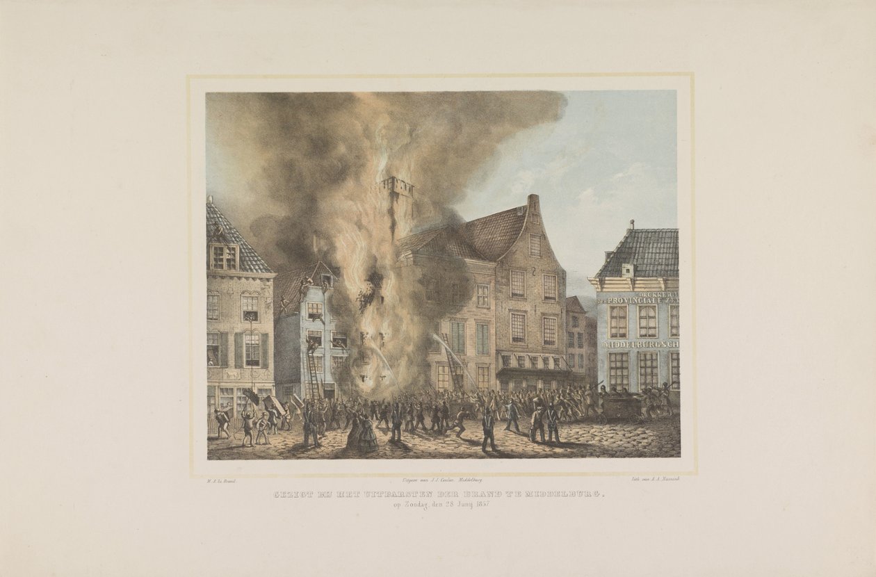 Widok na wybuch pożaru w Middelburgu. w niedzielę 28 czerwca 1857 (tytuł na obiekcie) autorstwa Albertus Anthonius Nunnink
