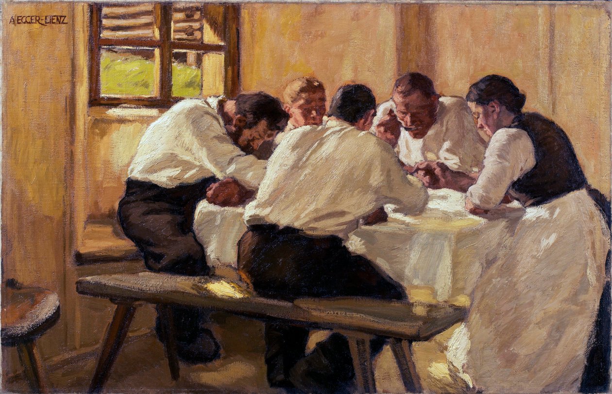 Repas, la soup (wersja 2) (Lunch (Zupa, wersja II) Obraz Albina Eggera Lienza (1868-1926), olej na płótnie autorstwa Albin Egger Lienz