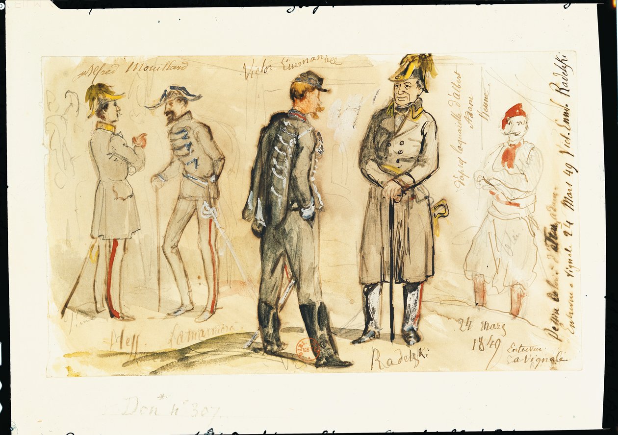 Król Vittorio Emanuele II (1820-78) Spotkanie z Josephem Radetskym von Radetz (1766-1858) w Vignale, 24 marca 1849 (pióro i atrament i wc na papierze) autorstwa Albrecht Adam