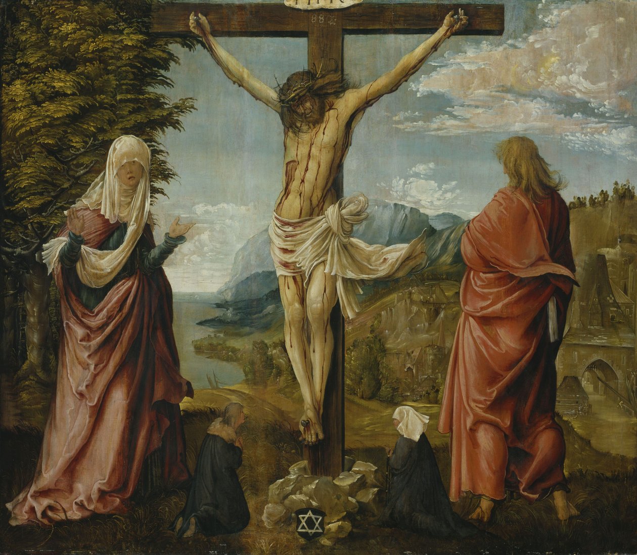 Chrystus na krzyżu z Maryją i Janem autorstwa Albrecht Altdorfer