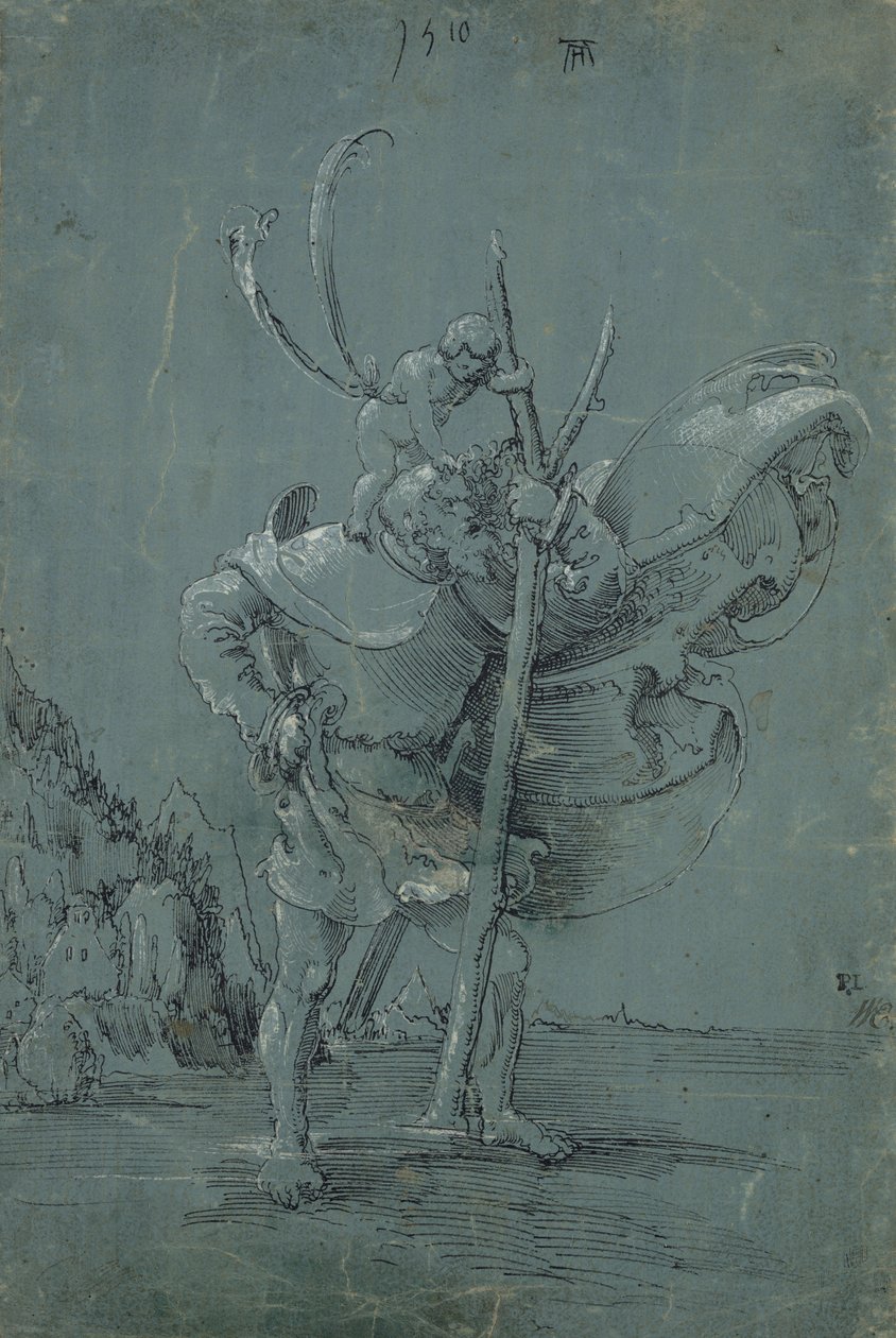 Święty Krzysztof, 1510 (pióro i czarny tusz z białym ołówkiem na zielonym niebieskim papierze) autorstwa Albrecht Altdorfer