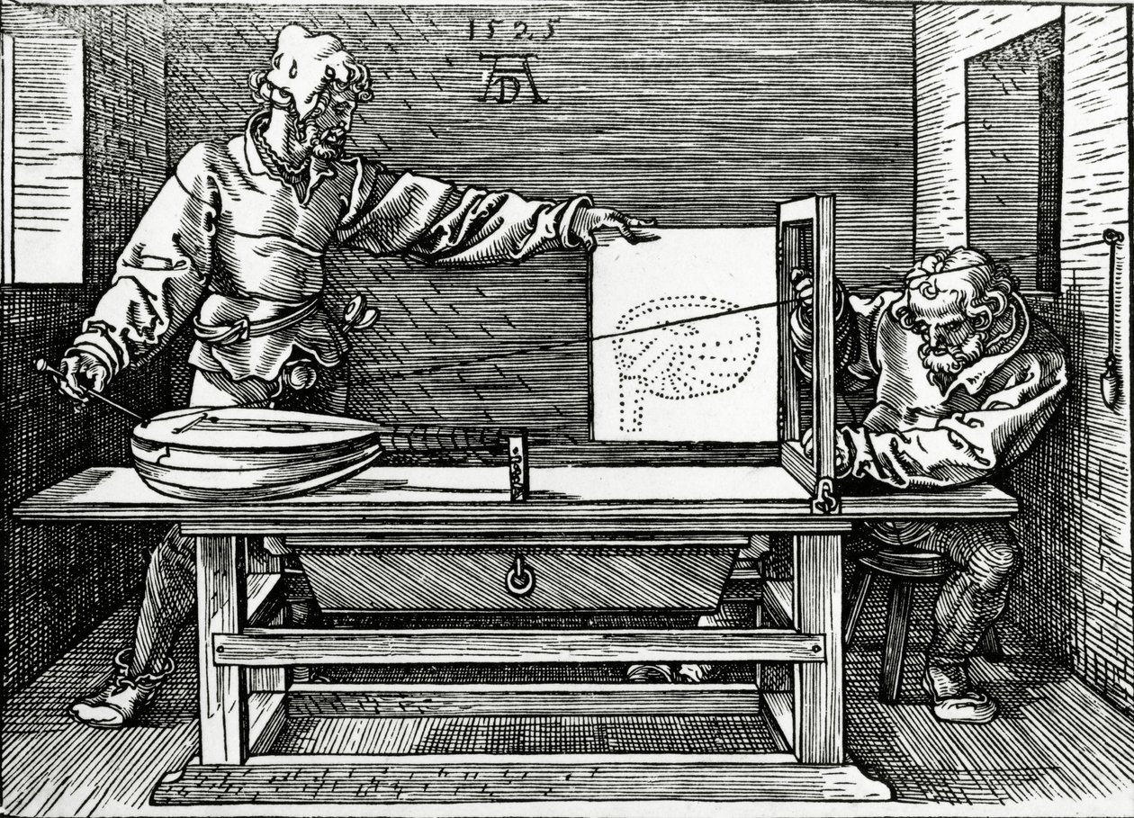 Artysta rysujący lutnię za pomocą aparatu perspektywicznego, ilustracja z „Czterech ksiąg o pomiarach” Durera, wydanej w 1525 r. autorstwa Albrecht Dürer