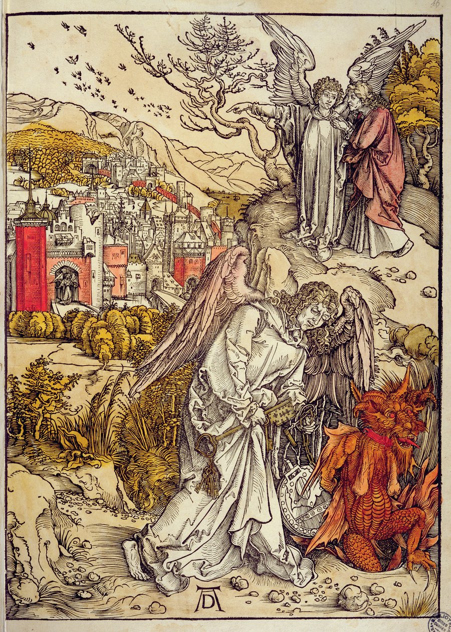 Anioł z Kluczem Otchłani, 1498 (kolorowy drzeworyt) autorstwa Albrecht Dürer