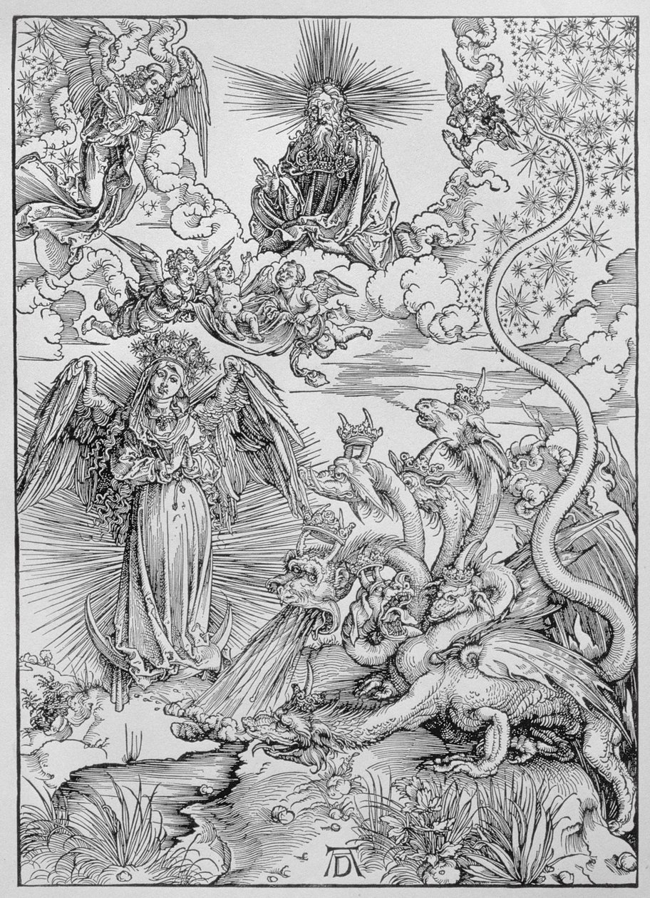 Scena apokaliptyczna z „Apokalipsy” lub „Objawienia św. Jana Bożego”, wyd. 1498 autorstwa Albrecht Dürer