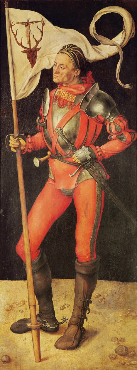 Lukas Paumgartner przedstawiany jako św. Eustachy, prawy panel Ołtarza Paumgartnera, ok. 1500 (tempera na panelu) (patrz także 495745) autorstwa Albrecht Dürer