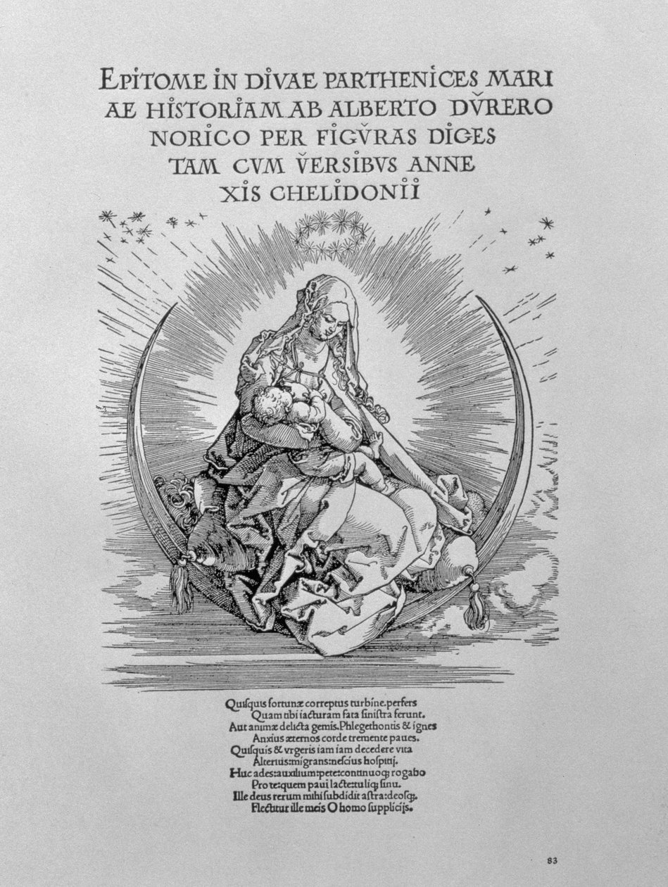 Madonna jako karmiąca matka i boska istota, strona tytułowa serii „Życie Dziewicy”, wyd. 1511 autorstwa Albrecht Dürer