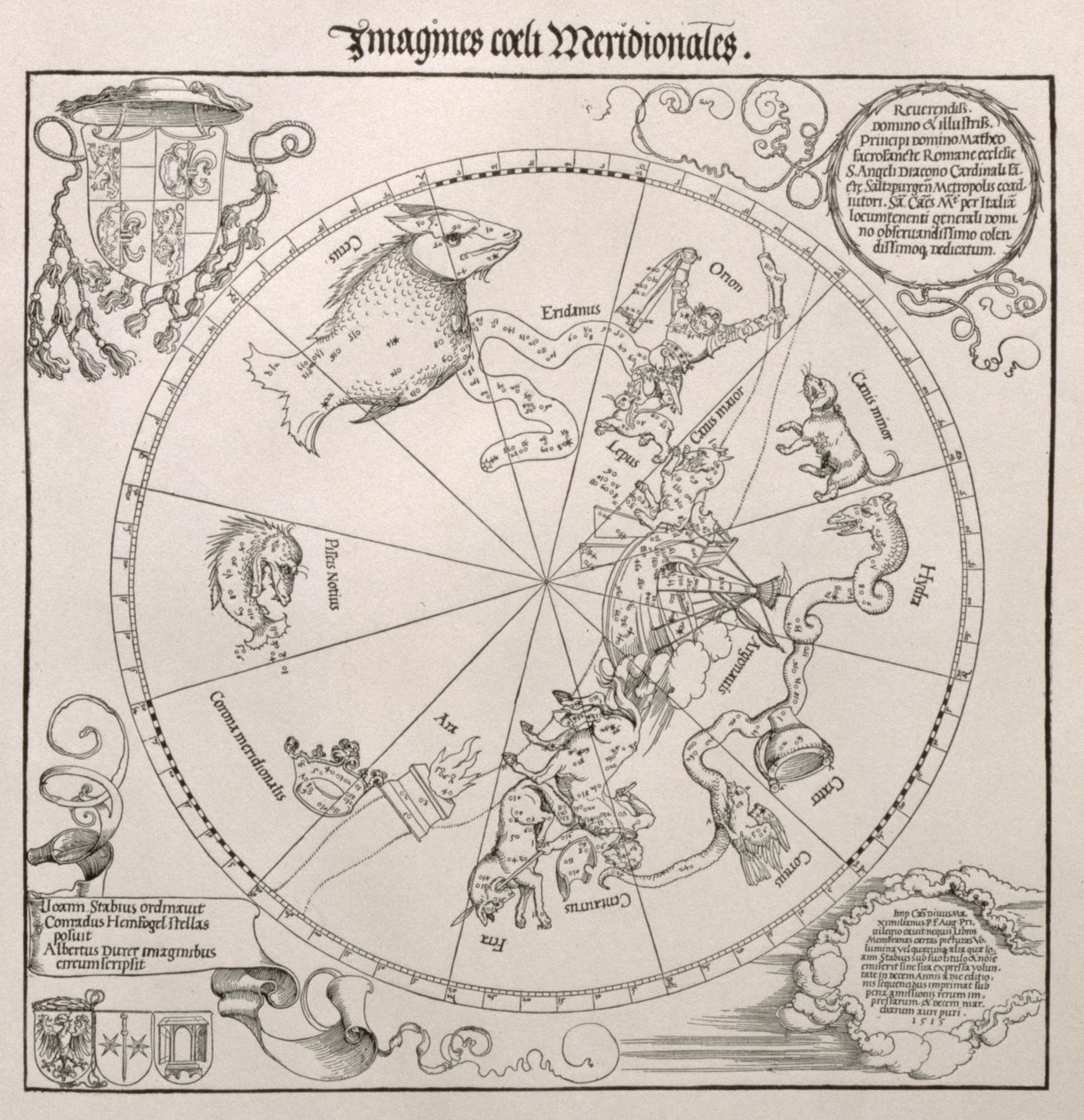 Mapa południowego nieba z przedstawieniami konstelacji, ozdobiona herbem kardynała Langa von Wellenburga i dedykacją dla niego z jego herbami i cesarskimi prawami autorskimi, 15 autorstwa Albrecht Dürer