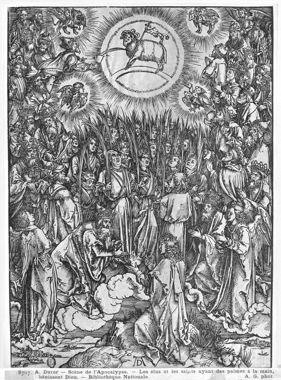 Scena z Apokalipsy, Adoracja Baranka, wyd. niemieckie, 1498 autorstwa Albrecht Dürer