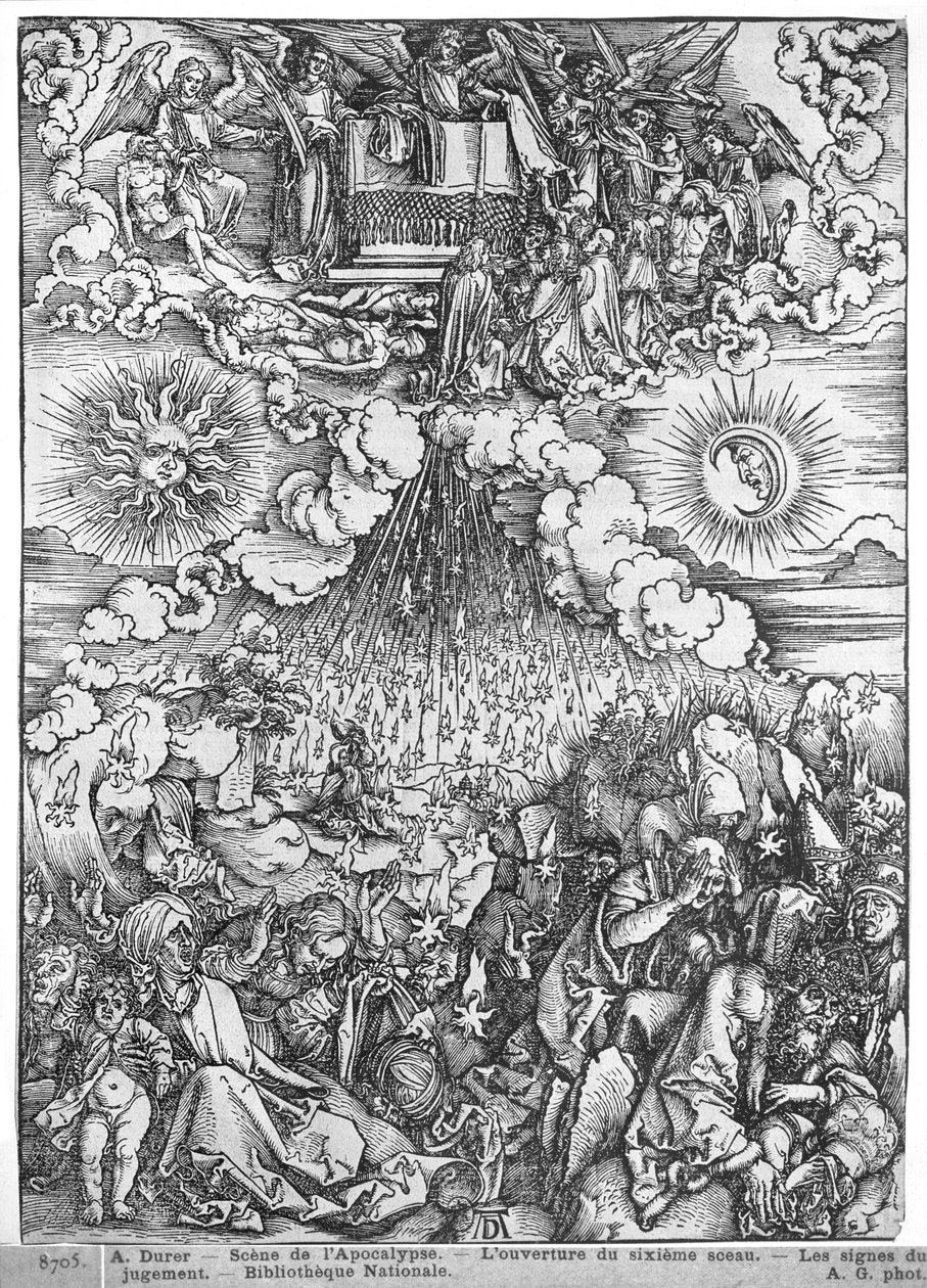 Scena z Apokalipsy, Otwarcie piątej i szóstej pieczęci, wydanie łacińskie, 1511 autorstwa Albrecht Dürer