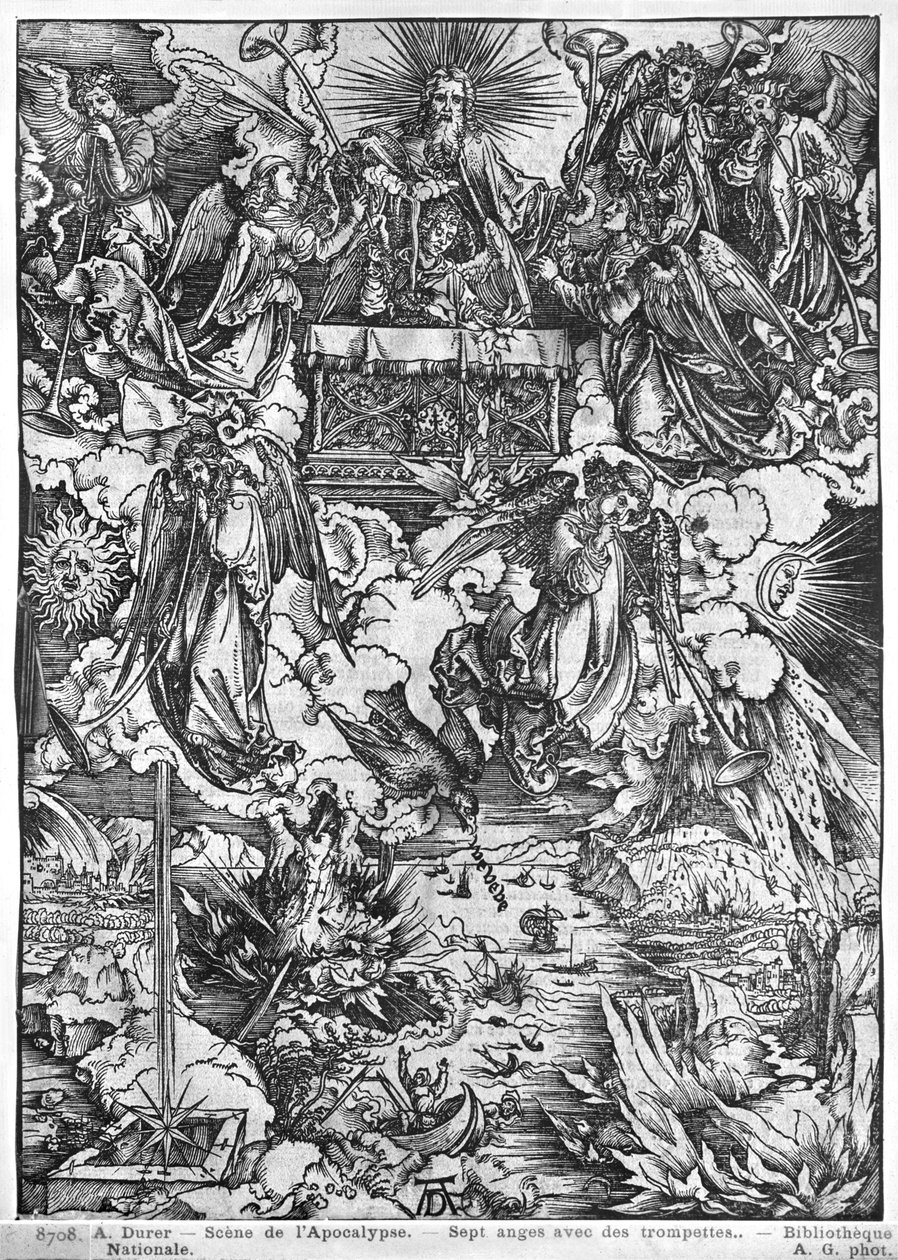 Scena z Apokalipsy, Otwarcie siódmej pieczęci, Siedmiu aniołów z trąbami, wydanie łac., 1511 autorstwa Albrecht Dürer
