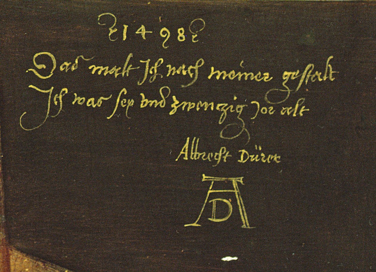 Autoportret w rękawiczkach, fragment podpisu, 1498 (detal 545) autorstwa Albrecht Dürer