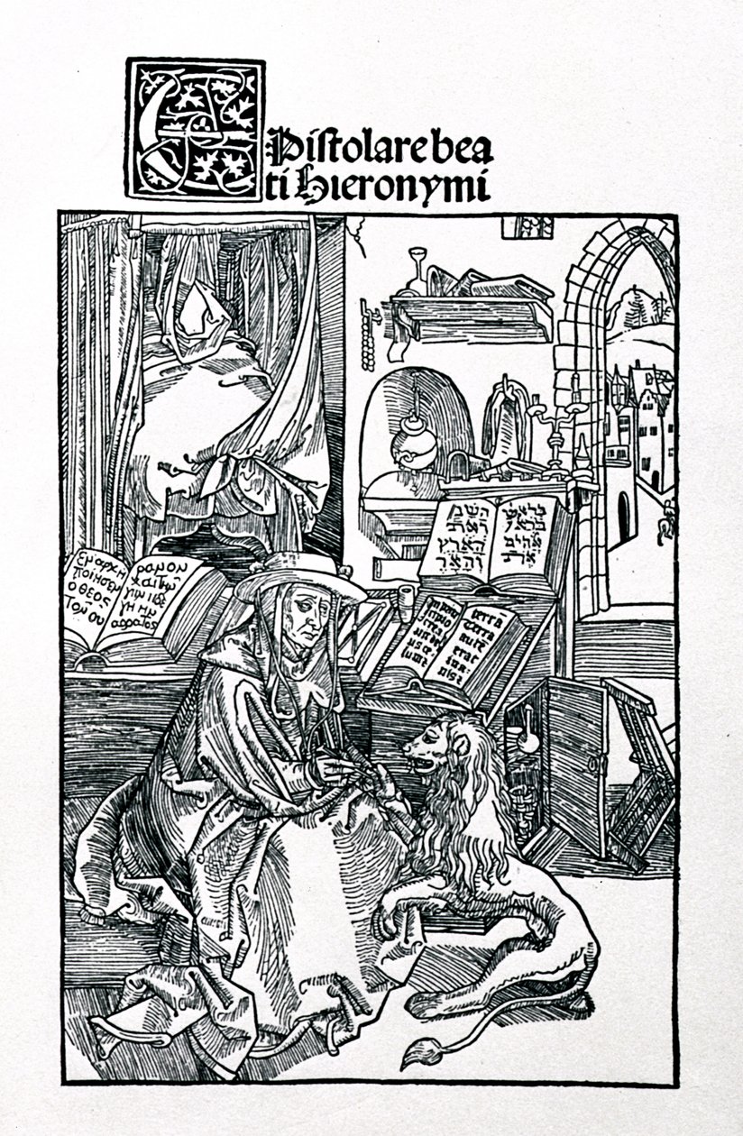 Św. Hieronim w swoim gabinecie wyciąga cierń z łapy lwa, frontispis do zbioru listów Św. Hieronima, wyd. 1492 autorstwa Albrecht Dürer