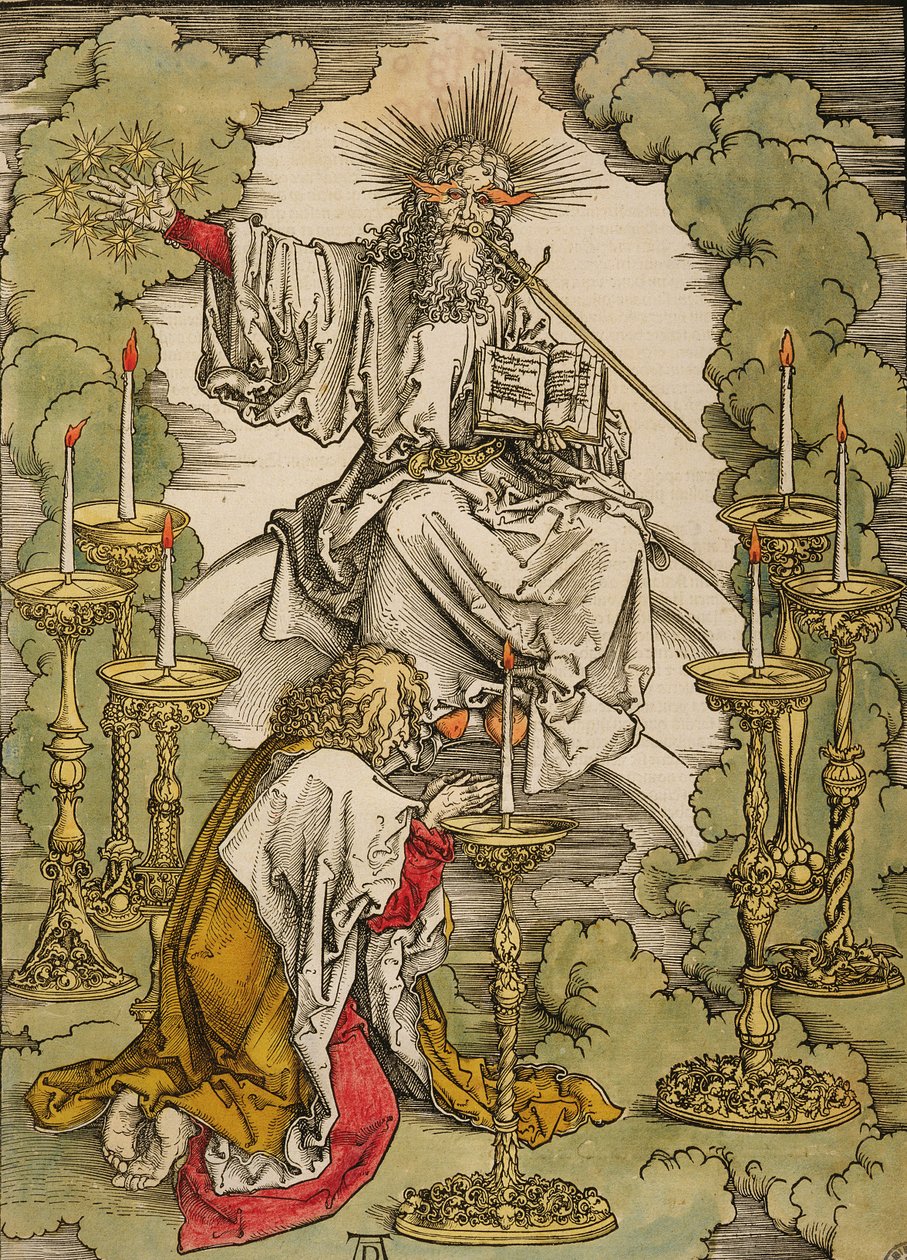 Św. Jan na wyspie Patmos otrzymuje natchnienie od Boga do stworzenia Apokalipsy, 1498 (kolorowy drzeworyt) autorstwa Albrecht Dürer