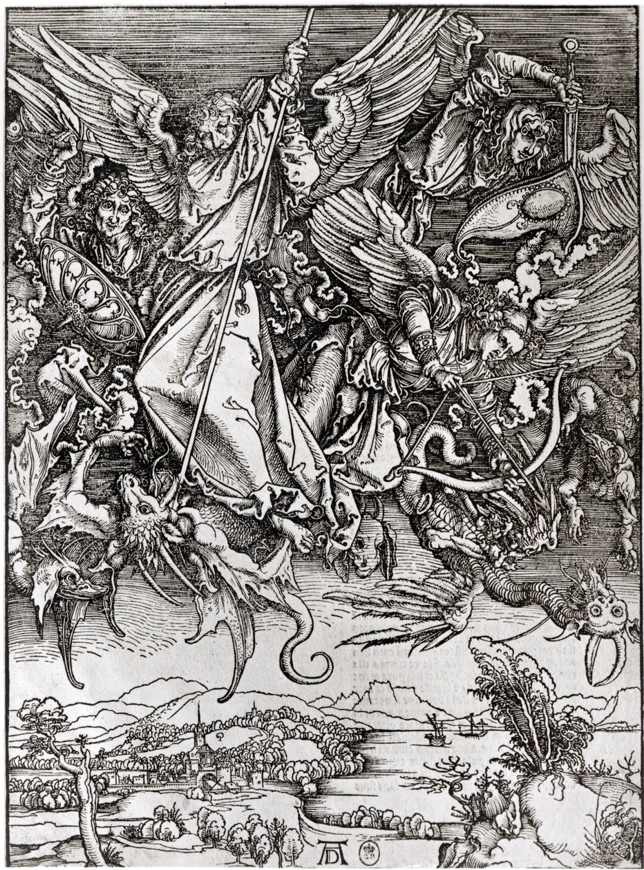 Św. Michał i Smok, z wydania łacińskiego, 1511 (ksylografia) autorstwa Albrecht Dürer