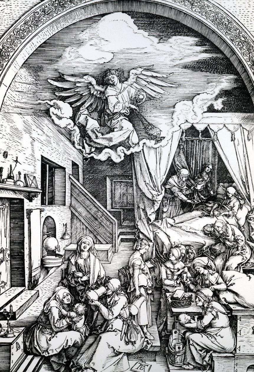 Narodziny Marii, z Cyklu Życia Marii, 1511 (drzeworyt na papierze) autorstwa Albrecht Dürer