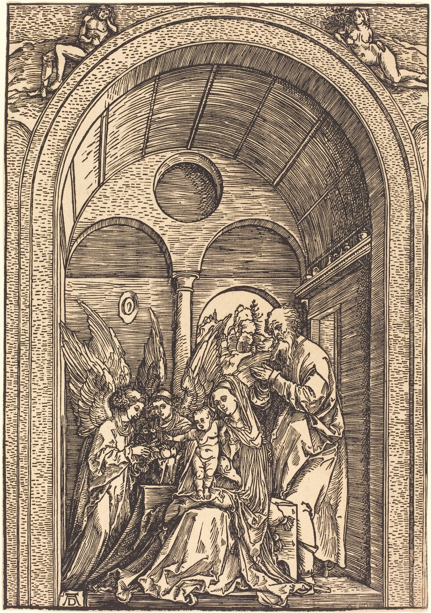 Święta Rodzina z dwoma aniołami w sklepionej sali autorstwa Albrecht Dürer