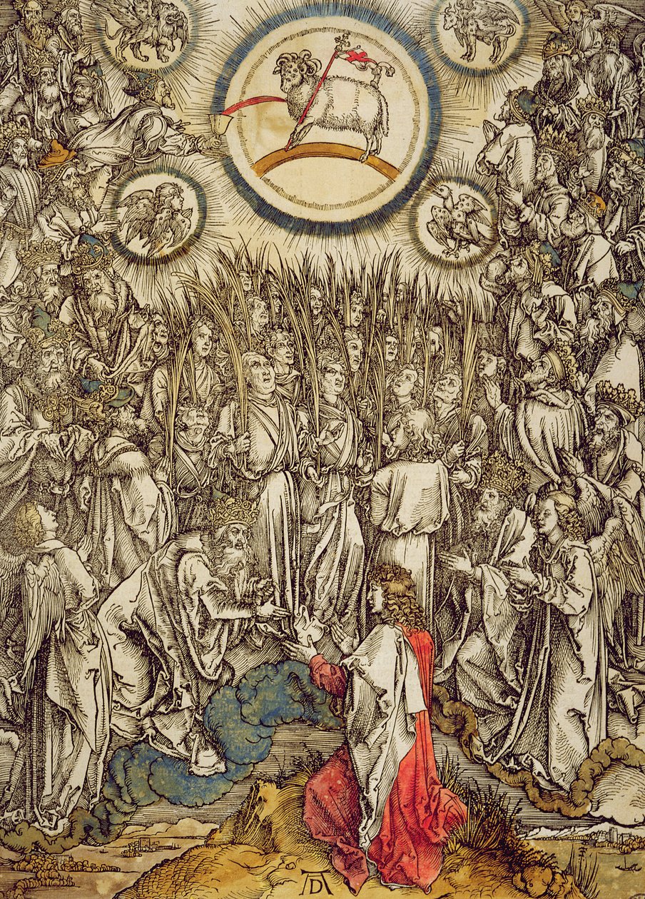 Baranek Boży pojawia się na Górze Syjon, 1498 (kolorowy drzeworyt) autorstwa Albrecht Dürer