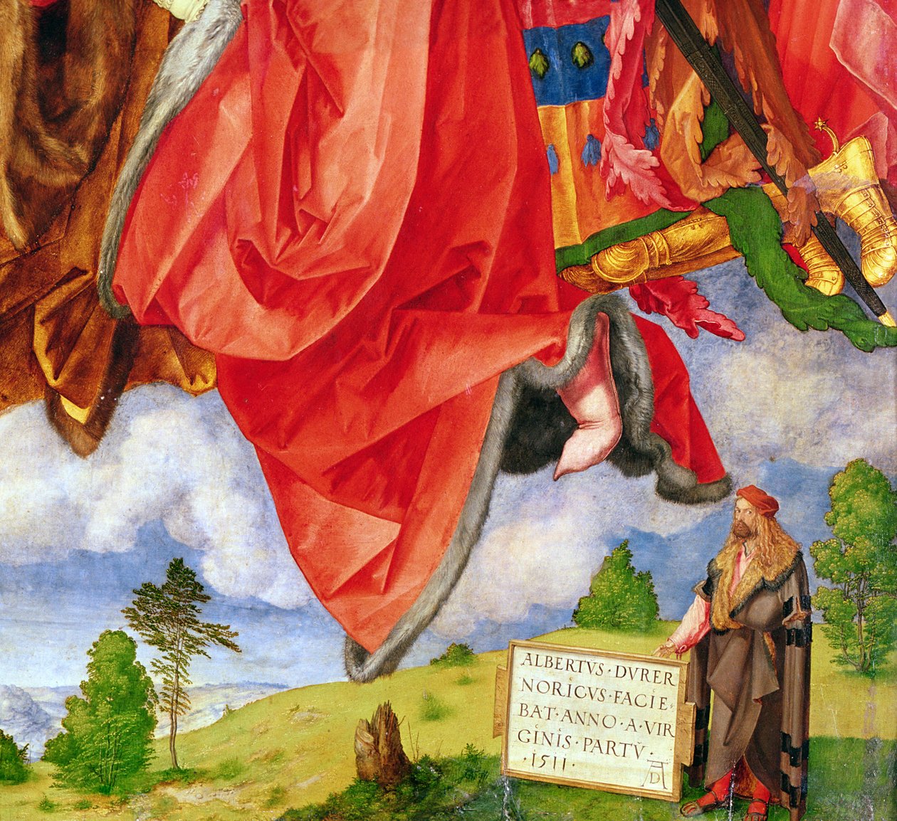 Ołtarz Landauera, dzień Wszystkich Świętych, detal przedstawiający autoportret, 1511 (detal z 68677) autorstwa Albrecht Dürer