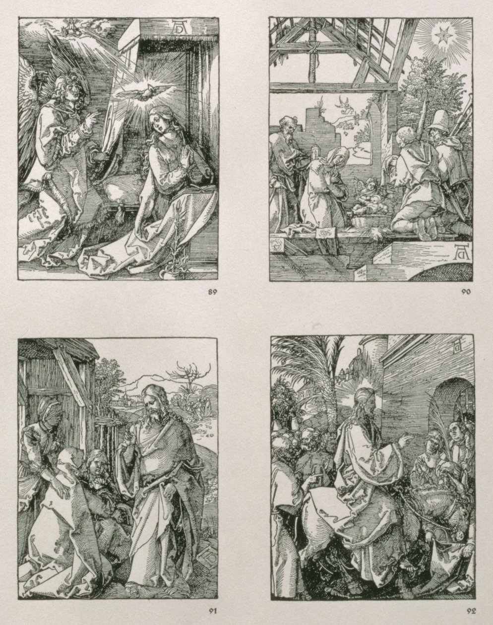 Seria „Mała pasja” (TL-BR): Zwiastowanie; Adoracja pasterzy; Chrystus żegnający się ze swoją Matką; Wejście Chrystusa do Jerozolimy, wyd. 1511 autorstwa Albrecht Dürer