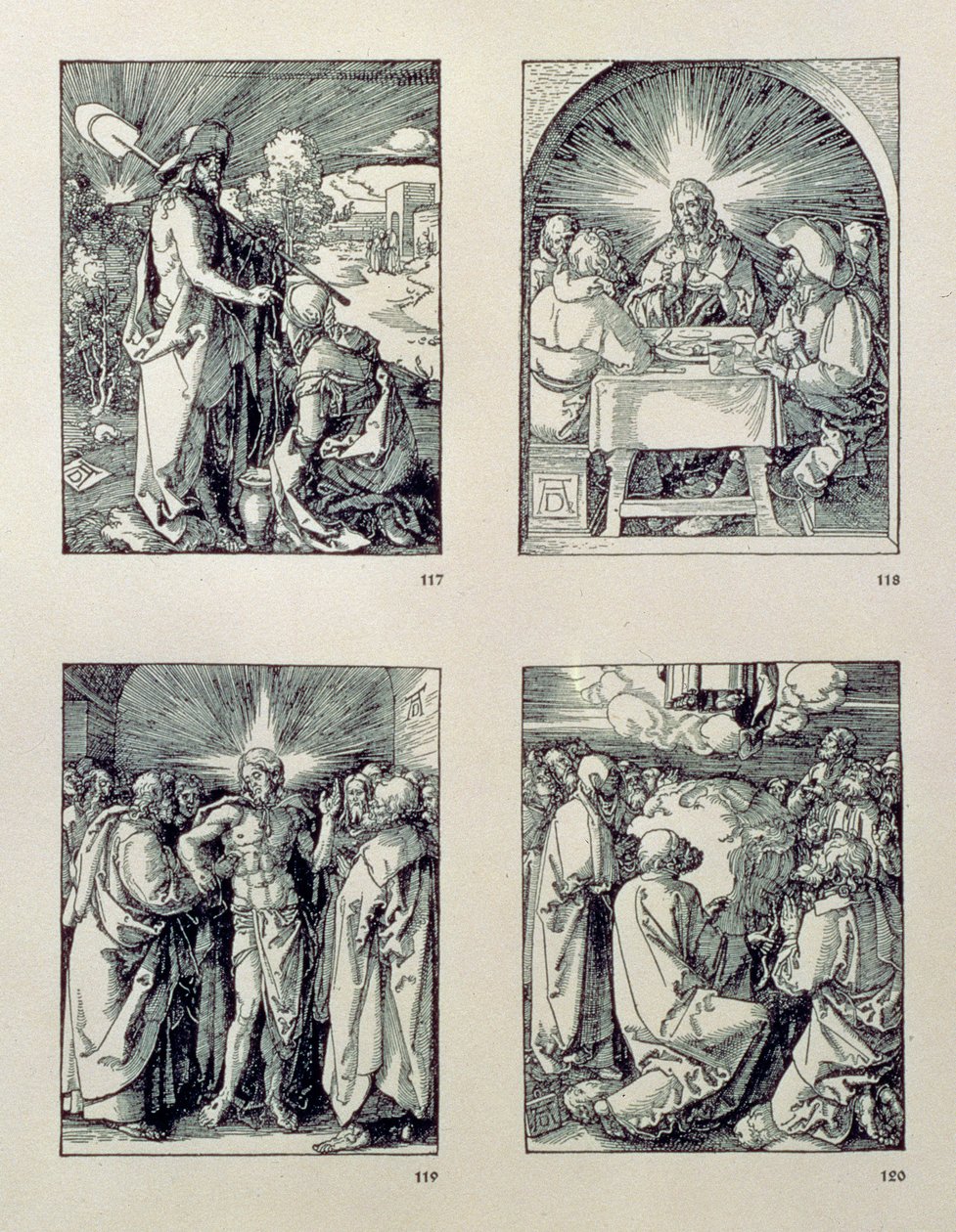 Seria „Mała pasja”: (zgodnie z ruchem wskazówek zegara) Chrystus ukazuje się Magdalenie jako ogrodnik; Chrystus w Emaus; Chrystus i wątpiący Tomasz; Wniebowstąpienie, wyd. 1511 autorstwa Albrecht Dürer