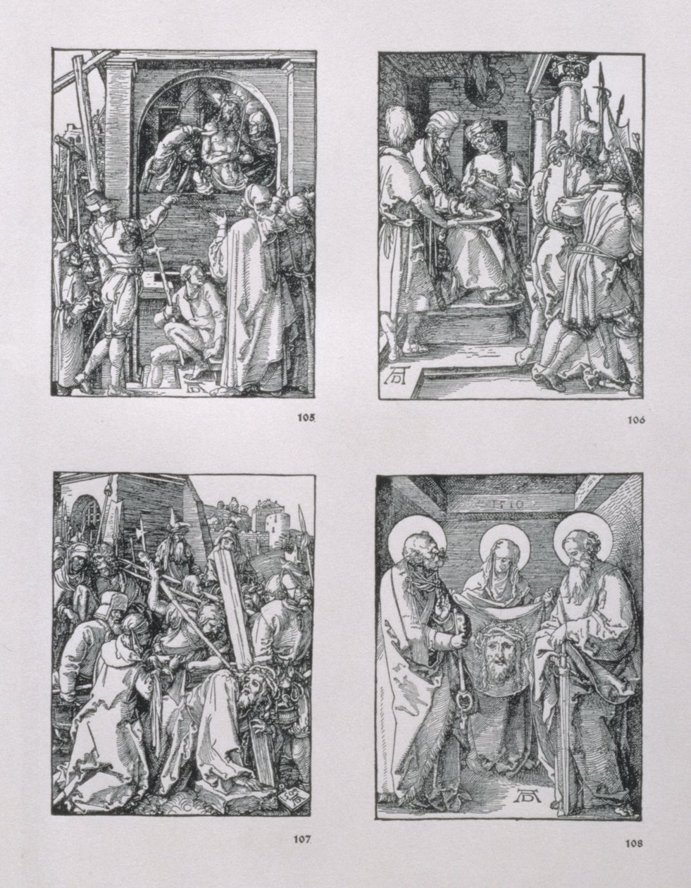Seria „Small Passion” (zgodnie z ruchem wskazówek zegara): Ecce Homo; Piłat myje ręce; Chrystus niosący krzyż; Św. Weronika z Sudarium pomiędzy śś. Piotra i Pawła, dat. 1510, wyd. 1511 autorstwa Albrecht Dürer
