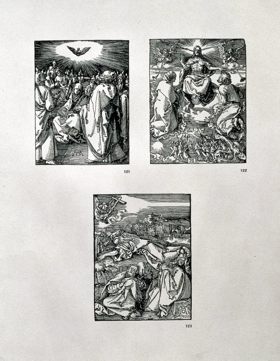 Seria „Small Passion” (zgodnie z ruchem wskazówek zegara): Pięćdziesiątnica; Sąd Ostateczny; Agonia w ogrodzie, wyd. 1511 autorstwa Albrecht Dürer