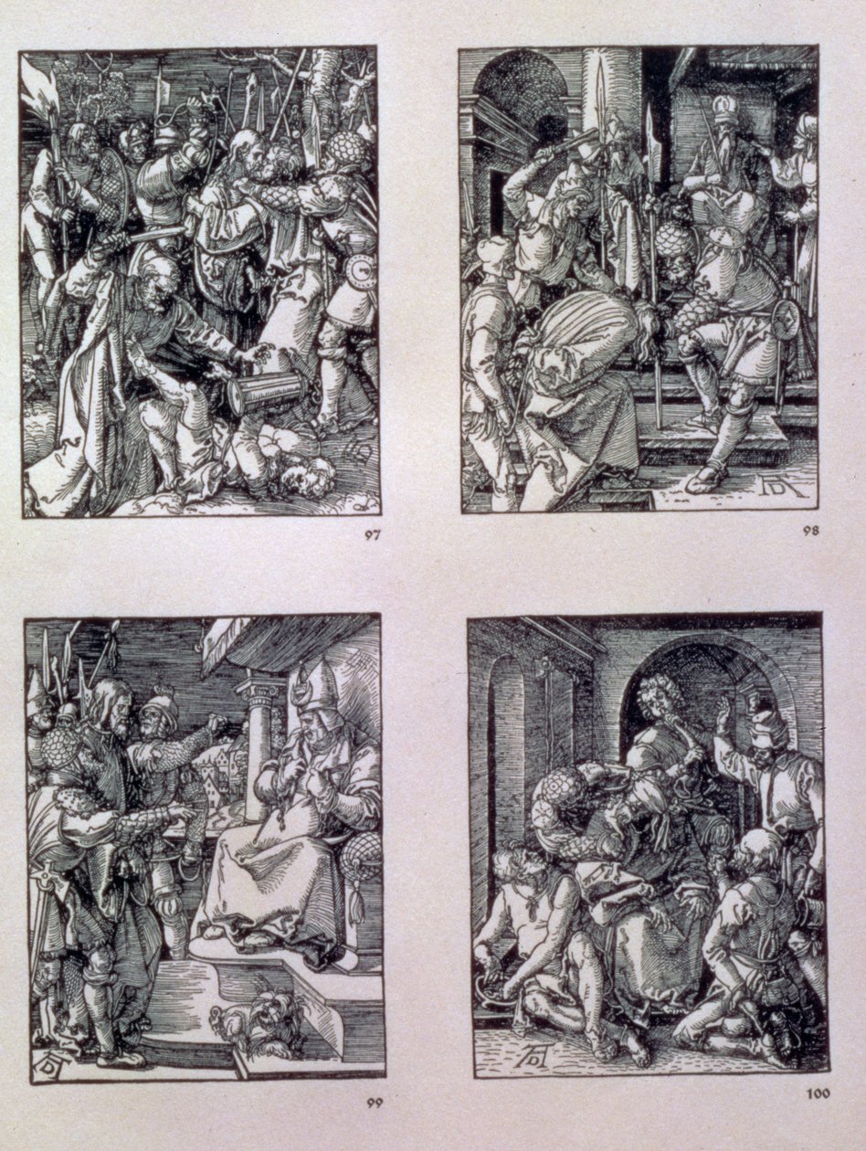 Seria „Mała pasja” (zgodnie z ruchem wskazówek zegara): Zdrada Chrystusa; Chrystus przed Annaszem; Chrystus przed Kajfaszem; Naśmiewanie się z Chrystusa, wyd. 1511 autorstwa Albrecht Dürer
