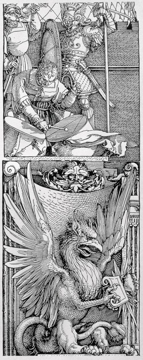 Łuk triumfalny cesarza Maksymiliana I (1459-1519): detal zdobienia filarów przedstawiający uskrzydlonego gryfa pod postacią uderzającą w dwa bębny, rycerza w zbroi i herolda, dat. 1515, wyd. 151 autorstwa Albrecht Dürer
