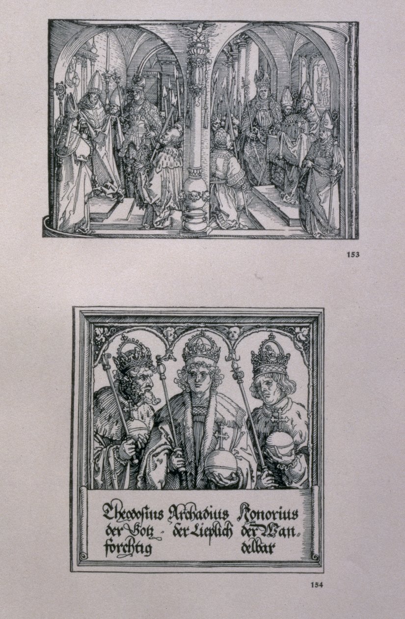 Łuk triumfalny cesarza Maksymiliana I (1459-1519): detal przedstawiający dwa panele, (u góry) wydarzenie z życia Maksymiliana i (u dołu) cesarza rzymskiego Teodozjusza I Wielkiego (ok. 346-395) i jego t autorstwa Albrecht Dürer