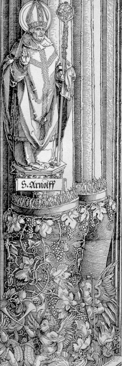 Германы эзэн хаан Максимилиан I-ийн ялалтын нуман хаалга (1459-1519): зүүн гар талын хаалганы баганын дэлгэрэнгүй мэдээлэл нь Гэгээн Арнульфын хөшөөг (643 онд нас барсан) доор усан үзмийн мод, бүрээ үлээж буй херубууд, паб. поли autorstwa Albrecht Dürer