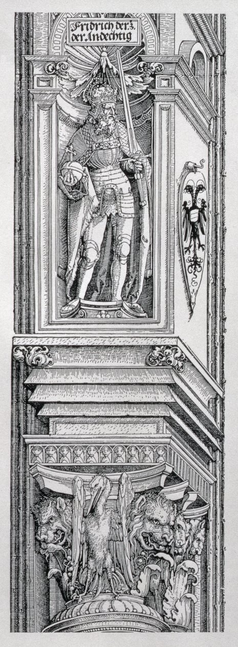 Łuk triumfalny cesarza Maksymiliana I (1459-1519): detal dekoracyjnej części środkowej przedstawiający posąg Fryderyka III Niemiec (1415-93), ojca cesarza Maksymila autorstwa Albrecht Dürer