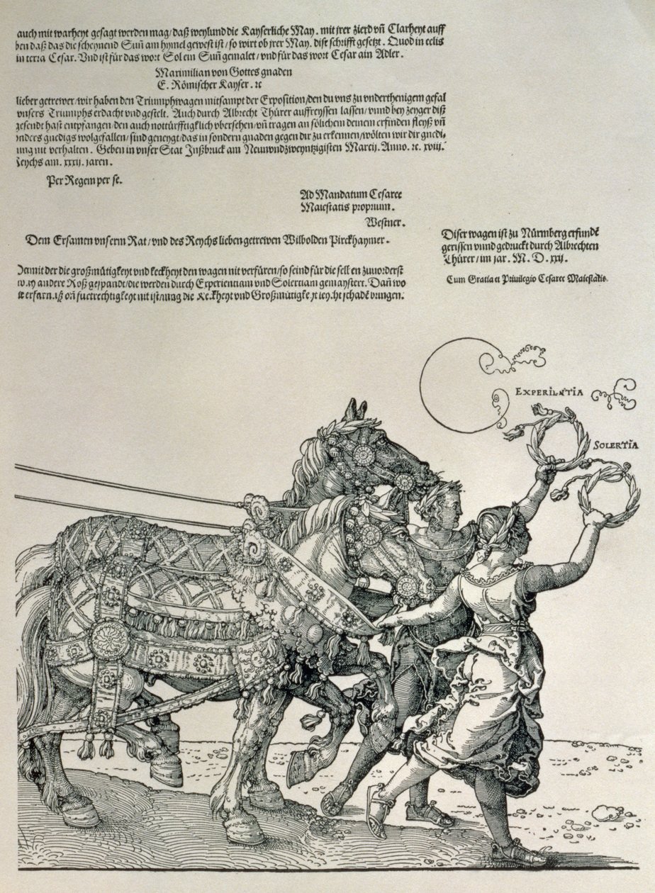 Rydwan triumfalny cesarza Maksymiliana I, cesarza Niemiec (1459-1519): szczegół zaprzęgów konnych, kierowanych dwiema cnotami, pracowitością i staraniem, wyd. ok.1518 autorstwa Albrecht Dürer