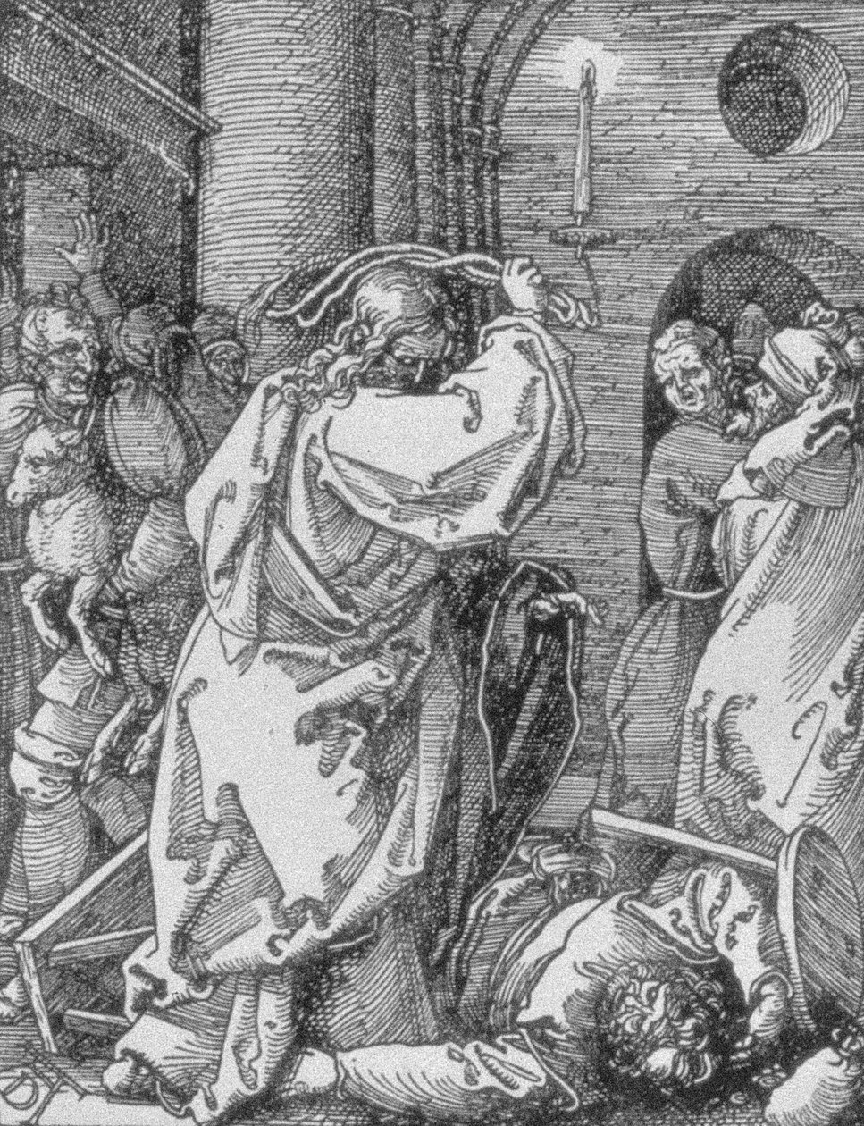Chrystus wypędzający kantorów ze świątyni, z cyklu „Mała pasja”, wyd.1511 (detal z 78015) autorstwa Albrecht Dürer