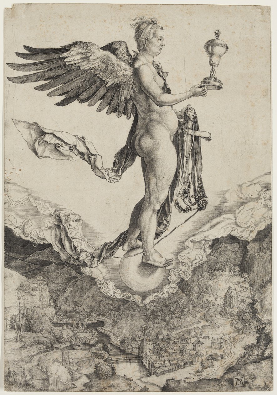 Nemezis, między 1501 a 1502 (grawerunek wydrukowany czarnym tuszem na papierze czerpanym) autorstwa Albrecht Dürer