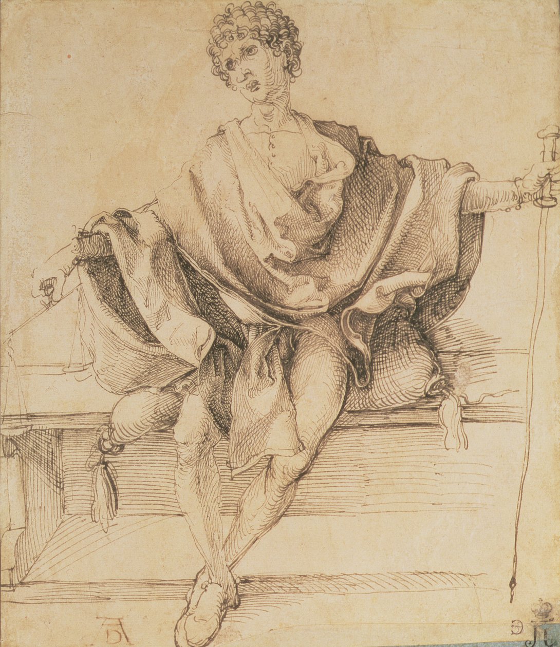 Siedząca młodzież z wagą i laską, 1498 (pióro i atrament) autorstwa Albrecht Dürer