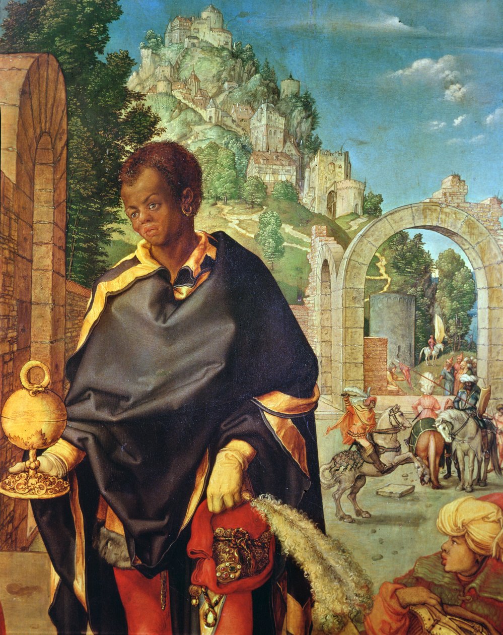 Adoracja Trzech Króli detal Baltazara, 1504 olej na panelu autorstwa Albrecht Dürer