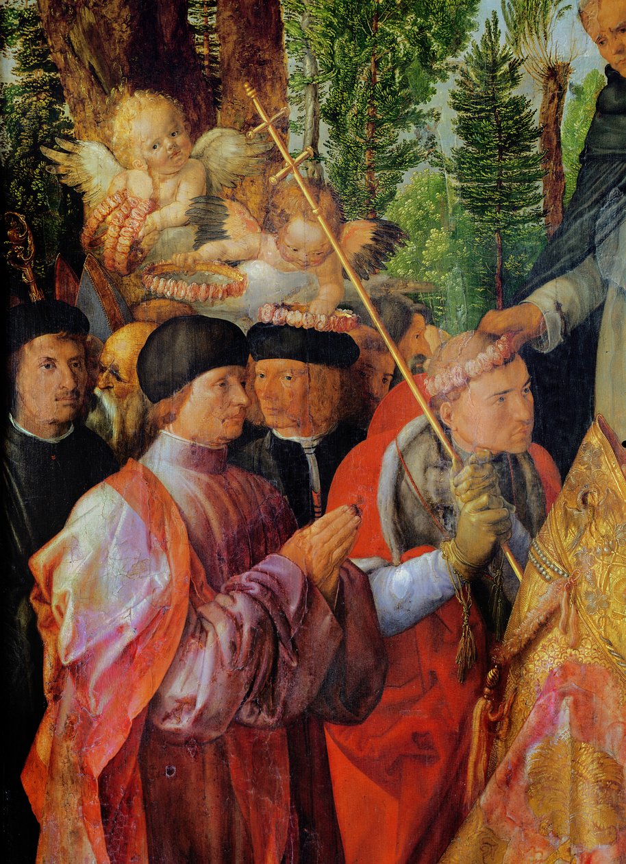 Święto Ogrodów Różanych, fragment po lewej: modlitwa, 1506 (olej na drewnie) autorstwa Albrecht Dürer