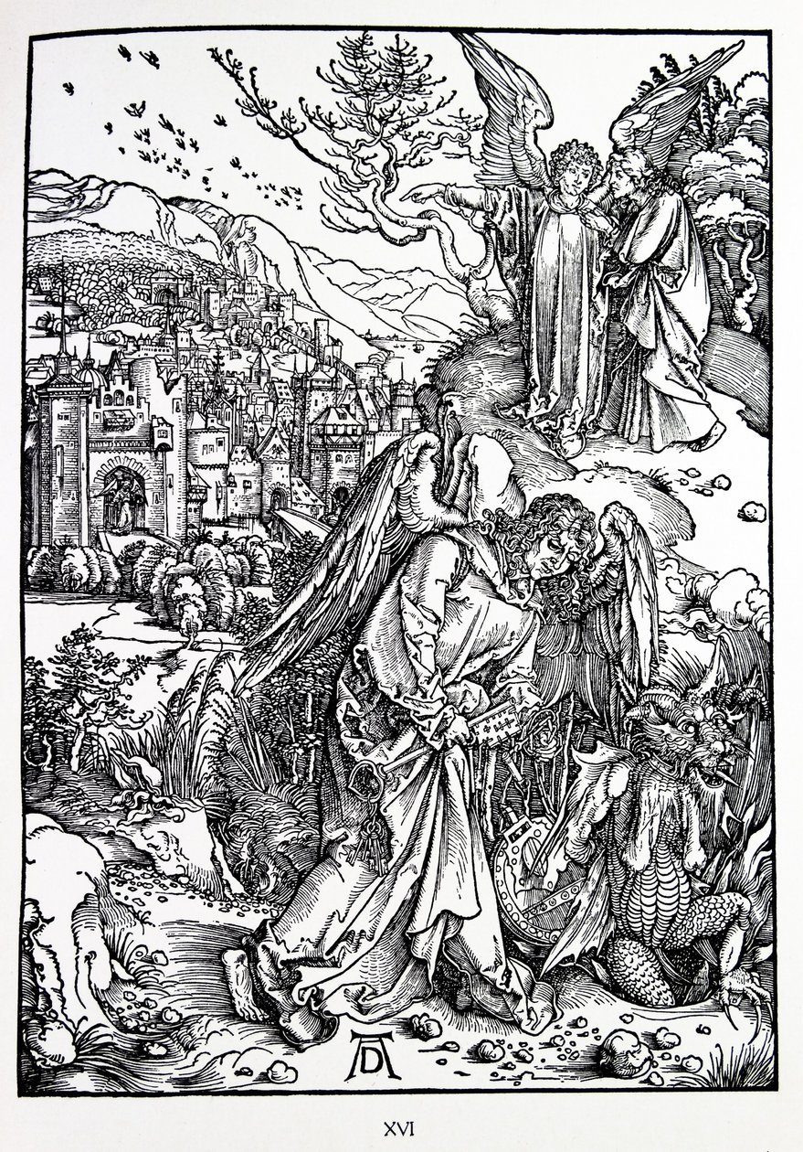 Objawienie św. Jana: 15. Anioł z kluczem do studni bez dna autorstwa Albrecht Dürer