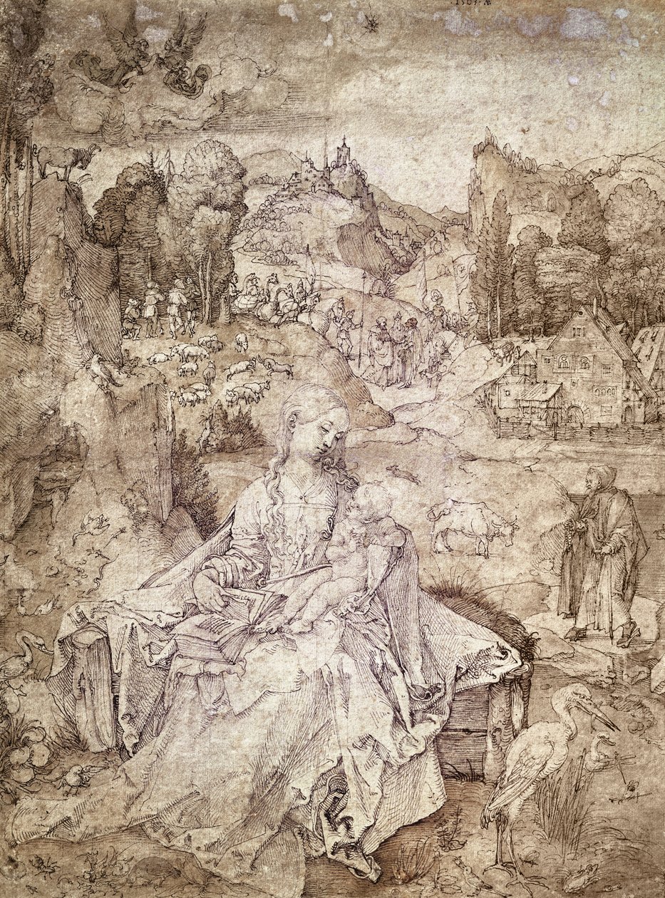 Matka Boska w środku pejzażu, 1503 (pióro i akwarela na papierze) autorstwa Albrecht Dürer