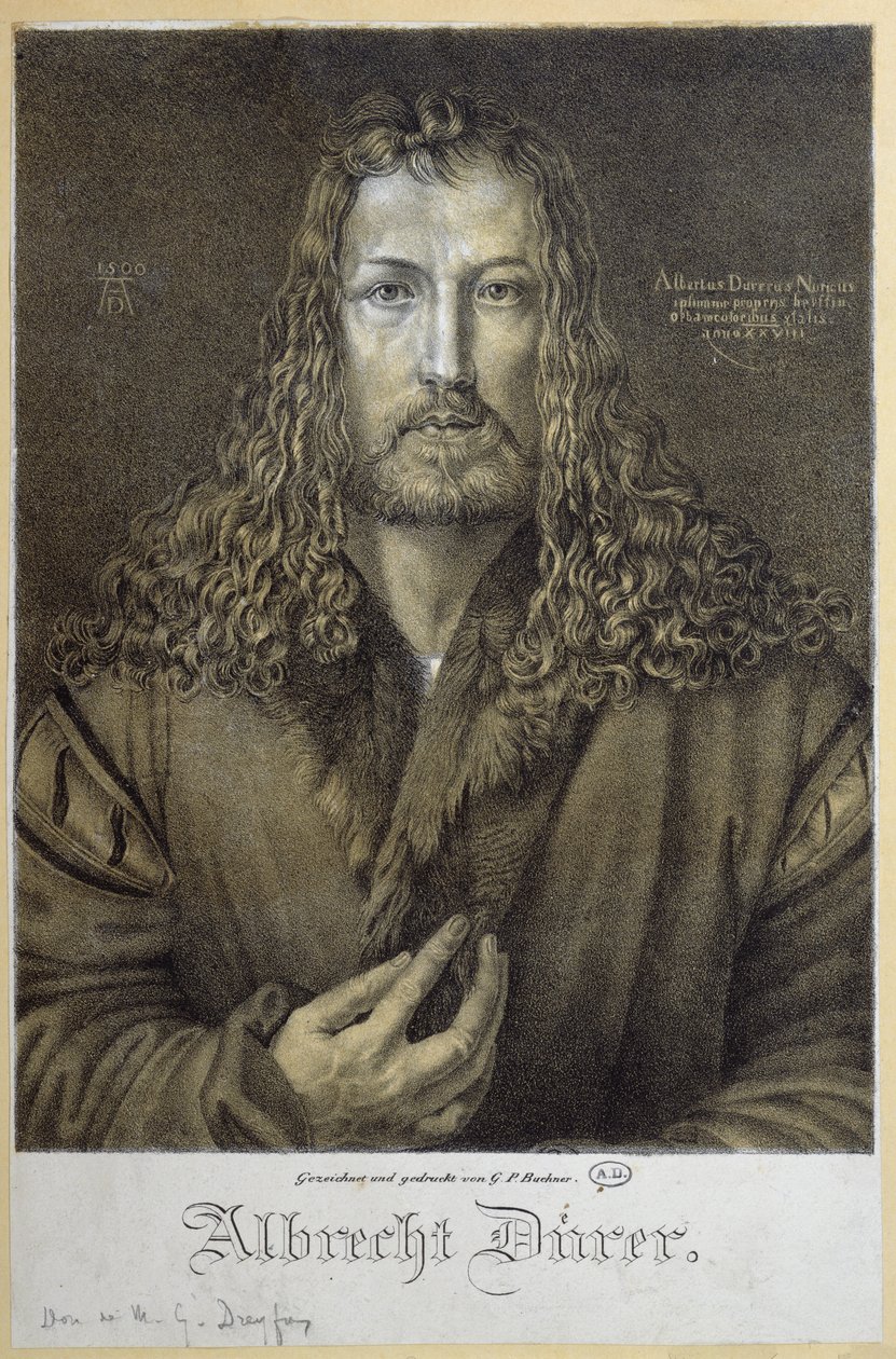 Autoportret w wieku 28 lat, 1500, rytowany przez G.P. Buchnera autorstwa Albrecht Dürer