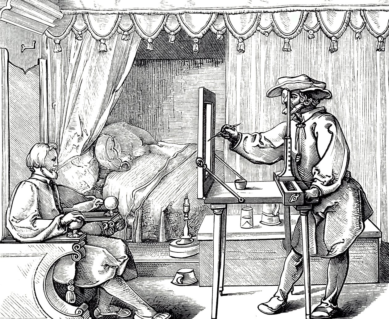Drzeworyt przedstawiający artystę używającego pomocy rysunkowej w celu uzyskania prawidłowych proporcji portretu. Grawer Albrechta Dürera (1471-1528) niemieckiego malarza, grafika i teoretyka renesansu autorstwa Albrecht (after) Durer or Duerer