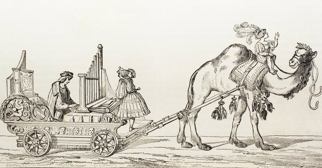 Organista Paul Hoffaner bawiący się w powozie ciągniętego przez wielbłąda, ok. 1880 (rycina) autorstwa Albrecht (after) Durer or Duerer