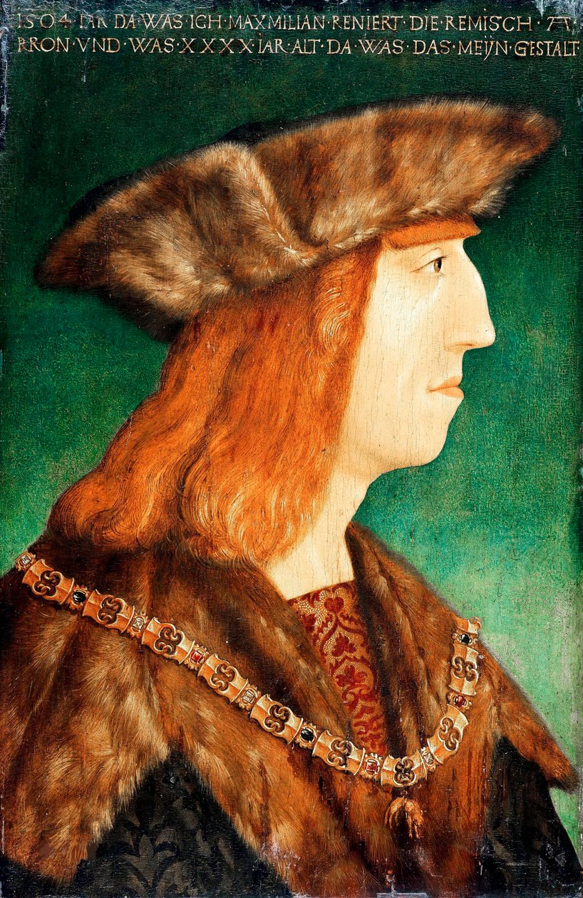 ""Portret cesarza Maksymiliana I Habsburga (1459-1519), cesarza rzymskiego"" Obraz z warsztatu Albrechta Dürera (1471-1528), po 1504 - Olej na drewnie, 54,6x36,1 - Staatliche Museen, Berlin autorstwa Albrecht (follower of) Durer or Duerer