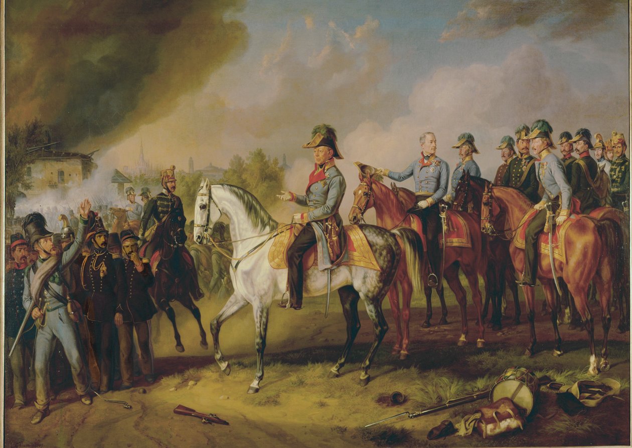 Feldmarszałek Johann Joseph Wenzel Radetzky i jego sztab generalny przed Mediolanem ... (obraz na płótnie) autorstwa Albrecht Adam