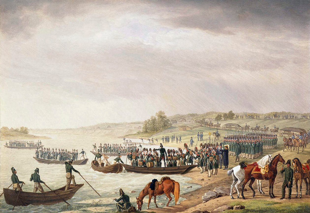 Włoski Korpus Eugeniusza de Beauharnais przekraczający Niemen 30 czerwca 1812 r. 1815 r. autorstwa Albrecht Adam