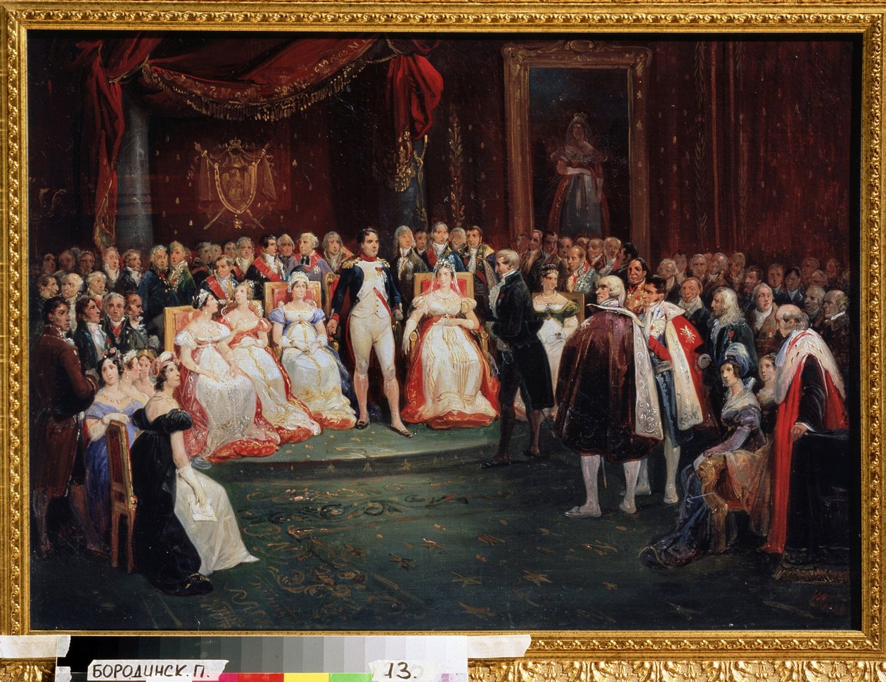 „Przyjęcie przez cesarza Napoleona Bonaparte (1769-1821)””: Georges Cuvier (1769-1832), stojący przed Napoleonem, został kawalerem Legii Honorowej 26 listopada 1803 roku. pokój, możemy zauważyć: Madame de Stael autorstwa Albrecht Adam