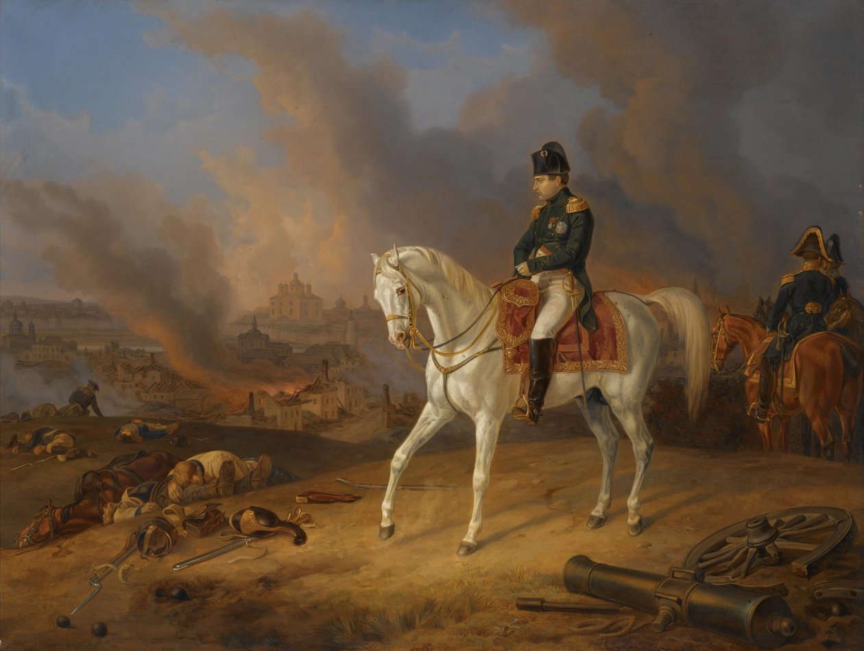 Napoleon Bonaparte przed płonącym miastem Smoleńsk autorstwa Albrecht Adam