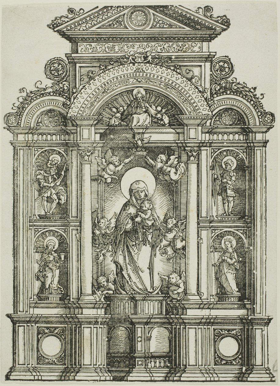 Ołtarz z Piękną Dziewicą z Ratyzbony i świętymi Krzysztofem, Marią Magdaleną, Florianem i Katarzyną stojącymi w niszach, z Bogiem Ojcem powyżej autorstwa Albrecht Altdorfer