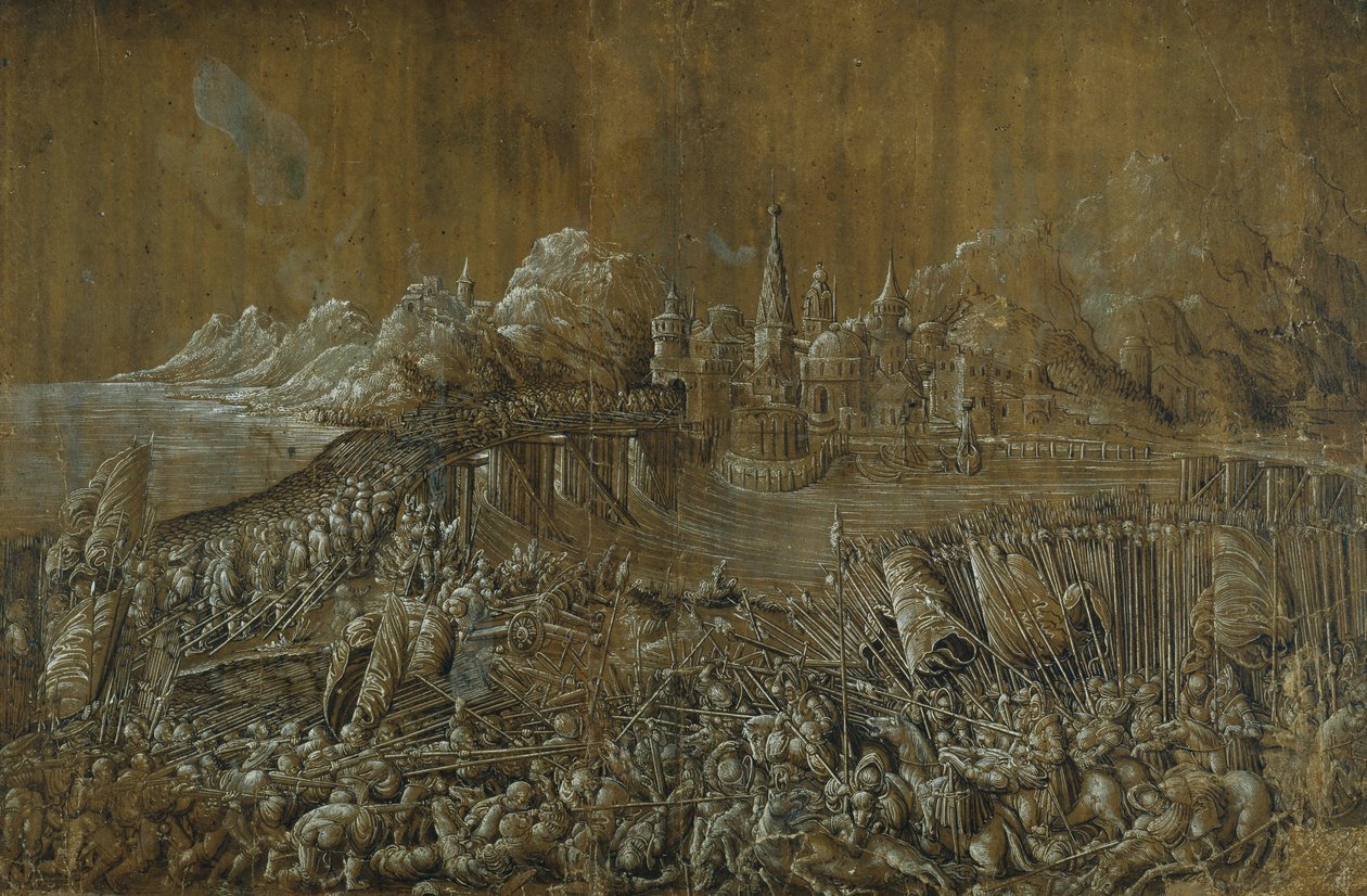 Landaknechten, Bitwa na moście (pióro i atrament z gwaszem na papierze) autorstwa Albrecht Altdorfer